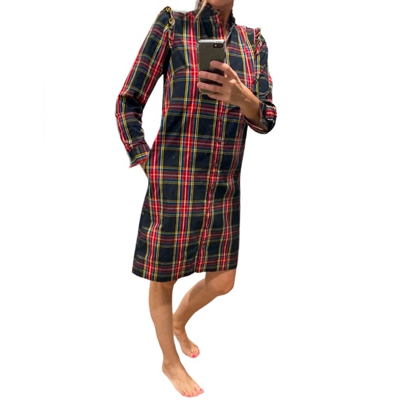 J. Crew women’s size 00 ruffled mock neck plaid button up shirt dress. - Picture 2 of 8